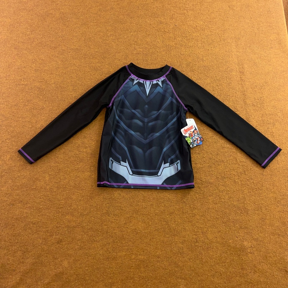 Marvel Boys 7 Black Avengers Black Panther UPF 50+ Rash Guard Swim Shirt NWT